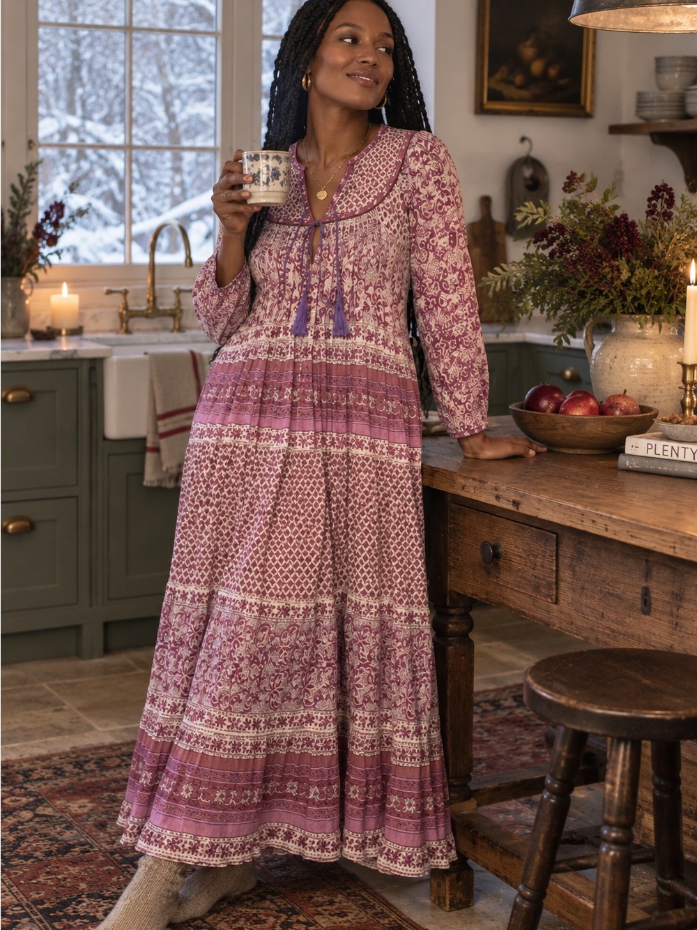 Matta NY Nikita Nima Pink Mauve Block Print Maxi Dress Size Large